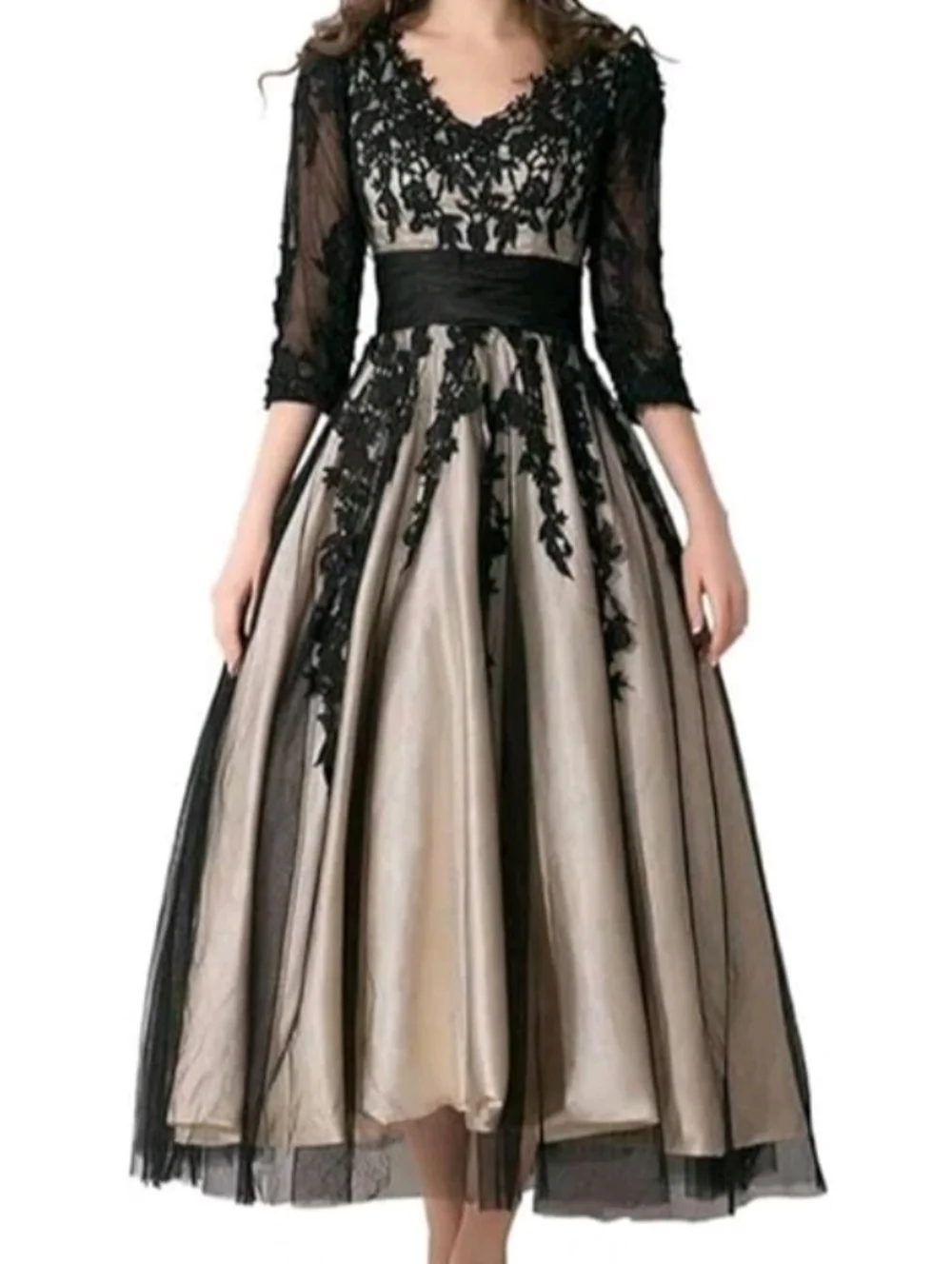 Elegant Black Lace Overlay Midi Dress - Taupe Underlay - Picture 1 of 8